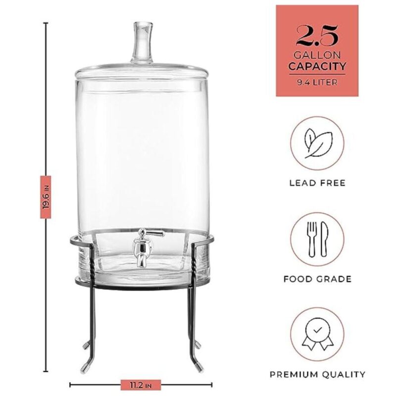 Fifth Avenue Crystal, Round, Clear Glass Beverage Dispenser with Spigot and Metal Stand, 2.5 Gallon - Image 5