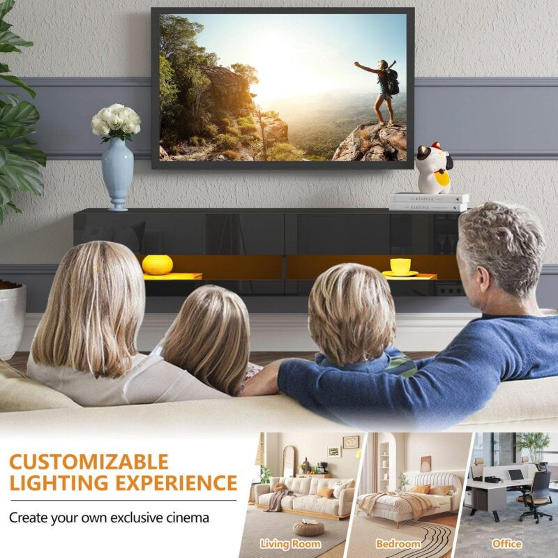 Floating TV Stand for 75 inch TVs, 71in Long Wall-mounted Entertainment Center for Living Room, Modern Black TV Stands with High Gloss Finish and LED Lights, TV Cabinet Media Consloe, Black - Image 9