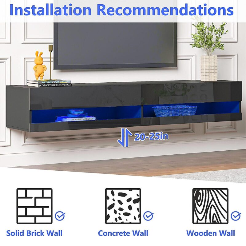 Floating TV Stand for 75 inch TVs, 71in Long Wall-mounted Entertainment Center for Living Room, Modern Black TV Stands with High Gloss Finish and LED Lights, TV Cabinet Media Consloe, Black - Image 8