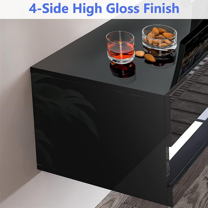 Floating TV Stand for 75 inch TVs, 71in Long Wall-mounted Entertainment Center for Living Room, Modern Black TV Stands with High Gloss Finish and LED Lights, TV Cabinet Media Consloe, Black - Image 3