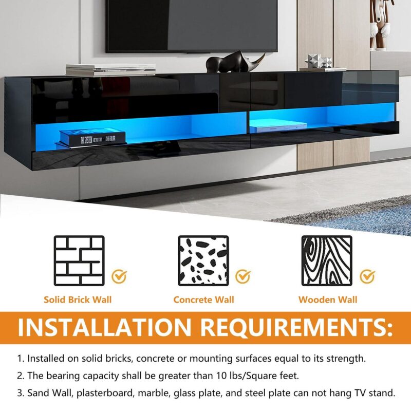 Floating TV Stand for 75 inch TVs, 71in Long Wall-mounted Entertainment Center for Living Room, Modern Black TV Stands with High Gloss Finish and LED Lights, TV Cabinet Media Consloe, Black - Image 5