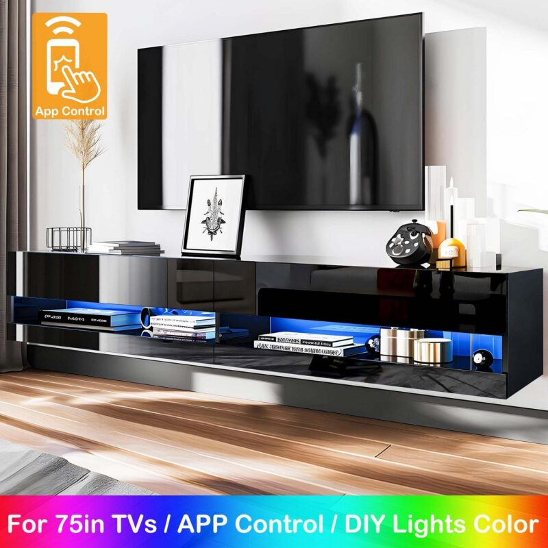 Floating TV Stand for 75 inch TVs, 71in Long Wall-mounted Entertainment Center for Living Room, Modern Black TV Stands with High Gloss Finish and LED Lights, TV Cabinet Media Consloe, Black - Image 10