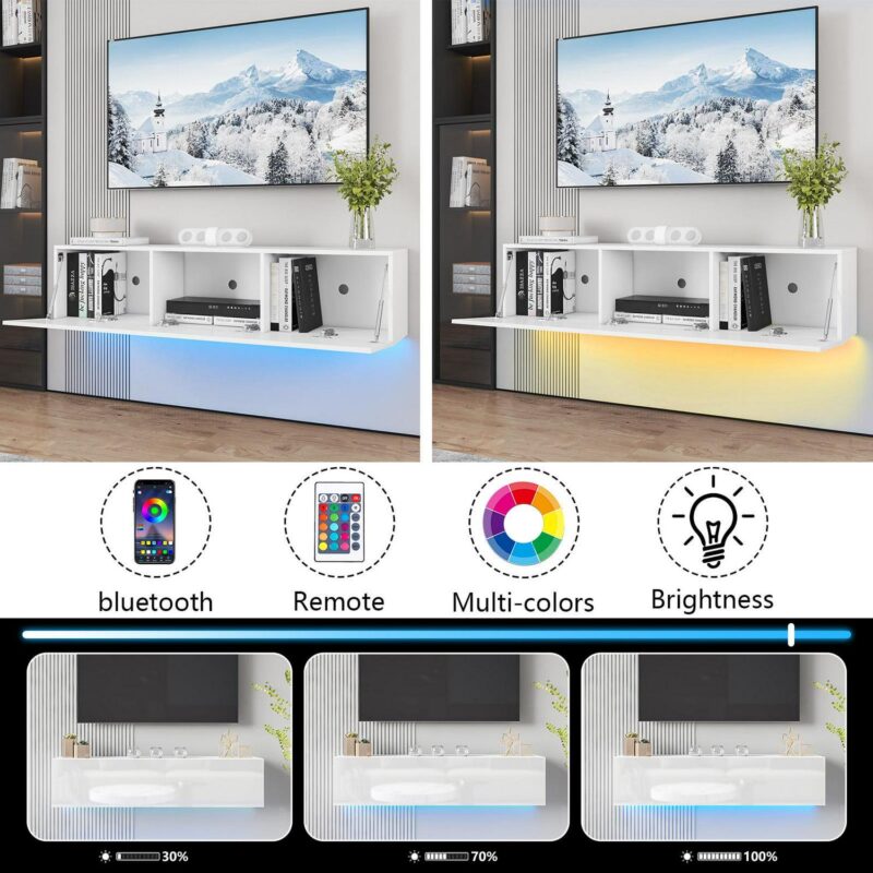 Floating TV Stand with LED Lights 55  Wall Mounted Modern White Entertainment Center High Gloss TV Cabinet Media Console with Storage and Doors for up to 63 inch TVs - Image 3