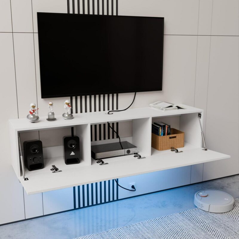 Floating TV Stand with LED Lights 55  Wall Mounted Modern White Entertainment Center High Gloss TV Cabinet Media Console with Storage and Doors for up to 63 inch TVs - Image 2