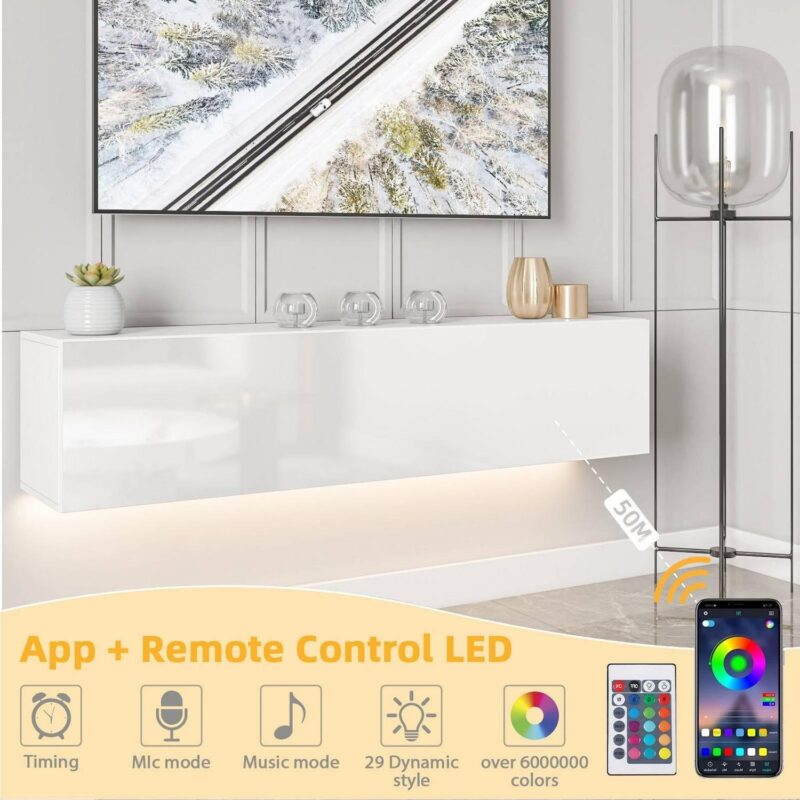 Floating TV Stand with LED Lights 55  Wall Mounted Modern White Entertainment Center High Gloss TV Cabinet Media Console with Storage and Doors for up to 63 inch TVs - Image 4