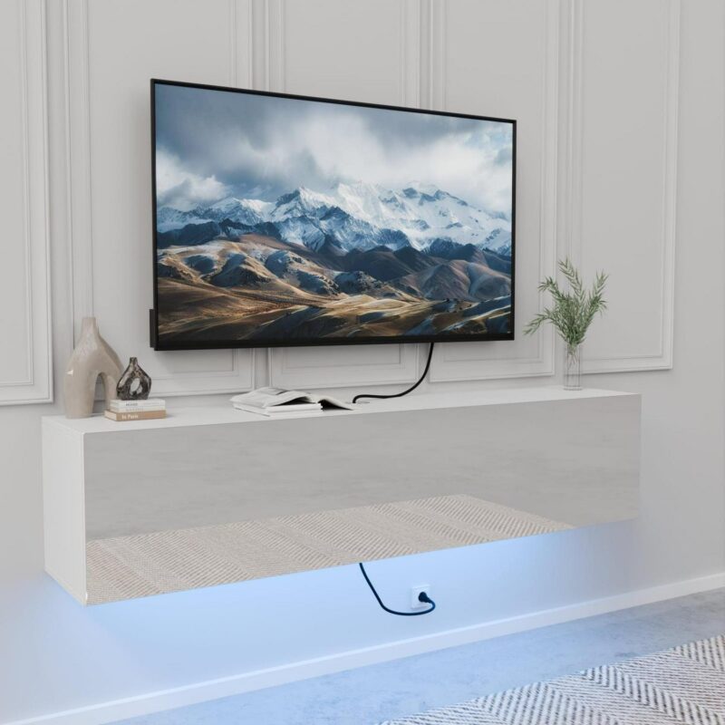 Floating TV Stand with LED Lights 55  Wall Mounted Modern White Entertainment Center High Gloss TV Cabinet Media Console with Storage and Doors for up to 63 inch TVs - Image 11