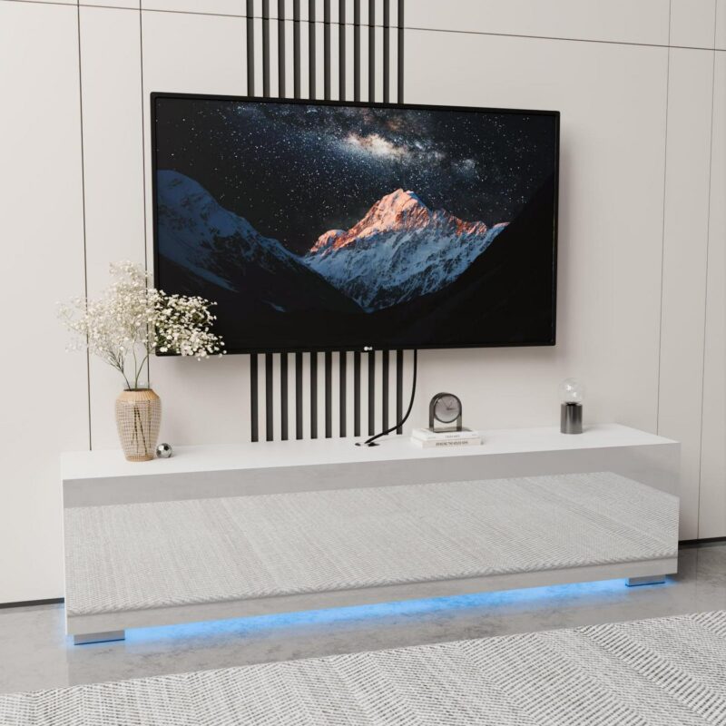 Floating TV Stand with LED Lights 55  Wall Mounted Modern White Entertainment Center High Gloss TV Cabinet Media Console with Storage and Doors for up to 63 inch TVs - Image 10