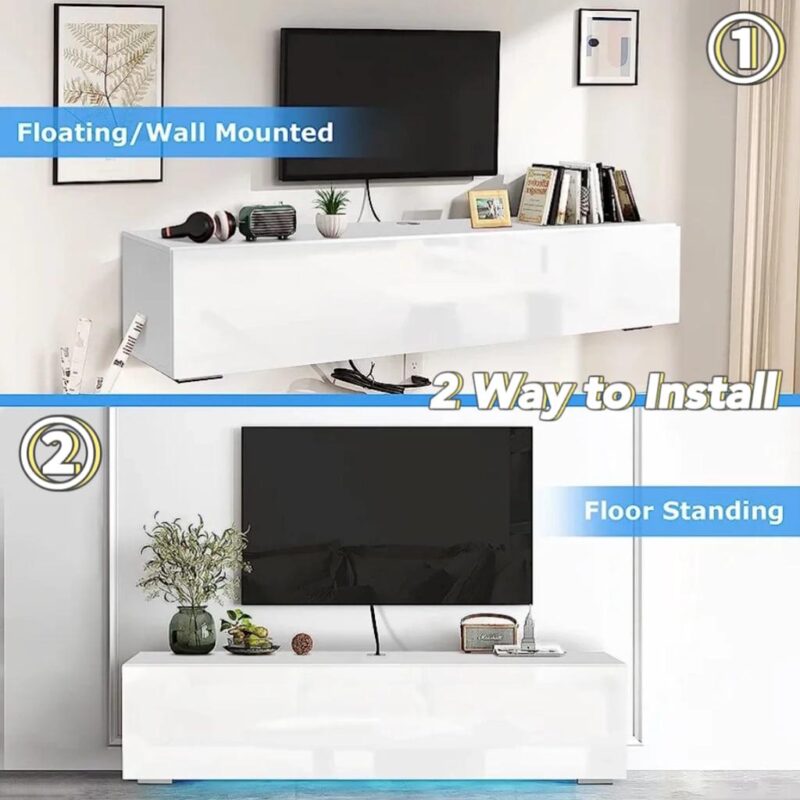 Floating TV Stand with LED Lights 55  Wall Mounted Modern White Entertainment Center High Gloss TV Cabinet Media Console with Storage and Doors for up to 63 inch TVs - Image 6