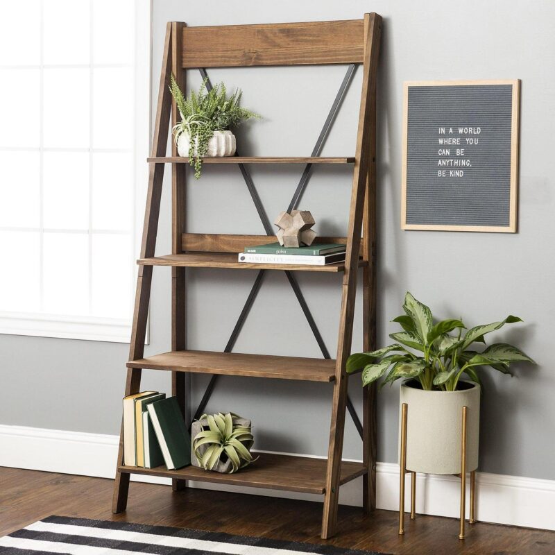Frankie 68  Solid Wood Ladder Bookcase with 4-Fixed Shelves in Brown