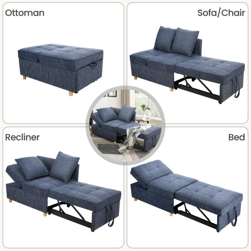 Funcid 4-in-1 Convertible Chair Bed, Linen Sleeper Chair for Small Space, Futon Sofa Bed with 2 Throw Pillows for Living Room, Single Recliner with 5 Adjustable Backrest for Bedroom Apartment, Blue - Image 4