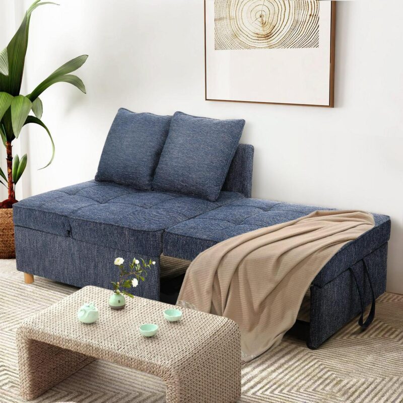 Funcid 4-in-1 Convertible Chair Bed, Linen Sleeper Chair for Small Space, Futon Sofa Bed with 2 Throw Pillows for Living Room, Single Recliner with 5 Adjustable Backrest for Bedroom Apartment, Blue - Image 8