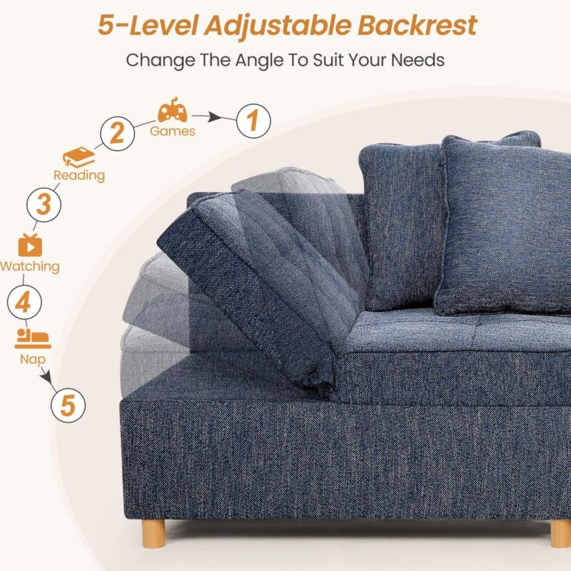 Funcid 4-in-1 Convertible Chair Bed, Linen Sleeper Chair for Small Space, Futon Sofa Bed with 2 Throw Pillows for Living Room, Single Recliner with 5 Adjustable Backrest for Bedroom Apartment, Blue - Image 5
