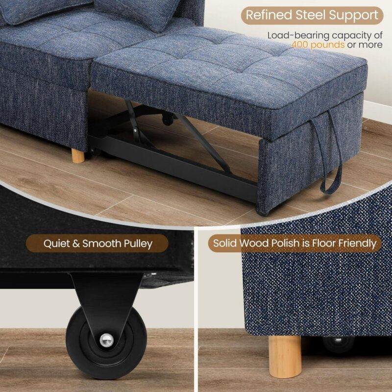 Funcid 4-in-1 Convertible Chair Bed, Linen Sleeper Chair for Small Space, Futon Sofa Bed with 2 Throw Pillows for Living Room, Single Recliner with 5 Adjustable Backrest for Bedroom Apartment, Blue - Image 3