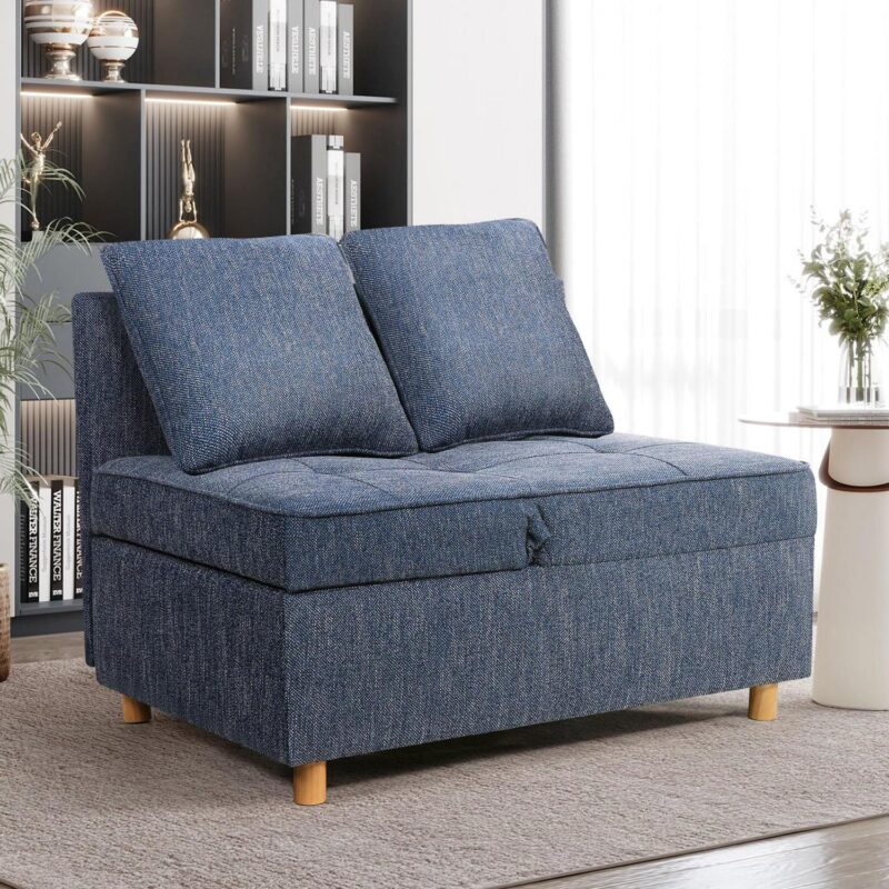 Funcid 4-in-1 Convertible Chair Bed, Linen Sleeper Chair for Small Space, Futon Sofa Bed with 2 Throw Pillows for Living Room, Single Recliner with 5 Adjustable Backrest for Bedroom Apartment, Blue - Image 9