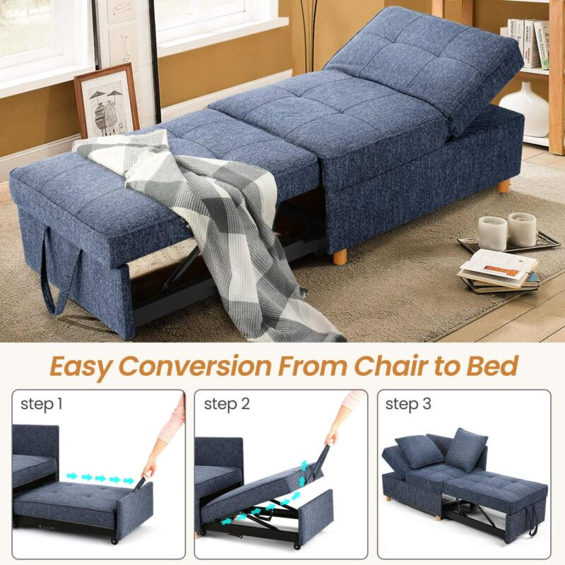 Funcid 4-in-1 Convertible Chair Bed, Linen Sleeper Chair for Small Space, Futon Sofa Bed with 2 Throw Pillows for Living Room, Single Recliner with 5 Adjustable Backrest for Bedroom Apartment, Blue - Image 2