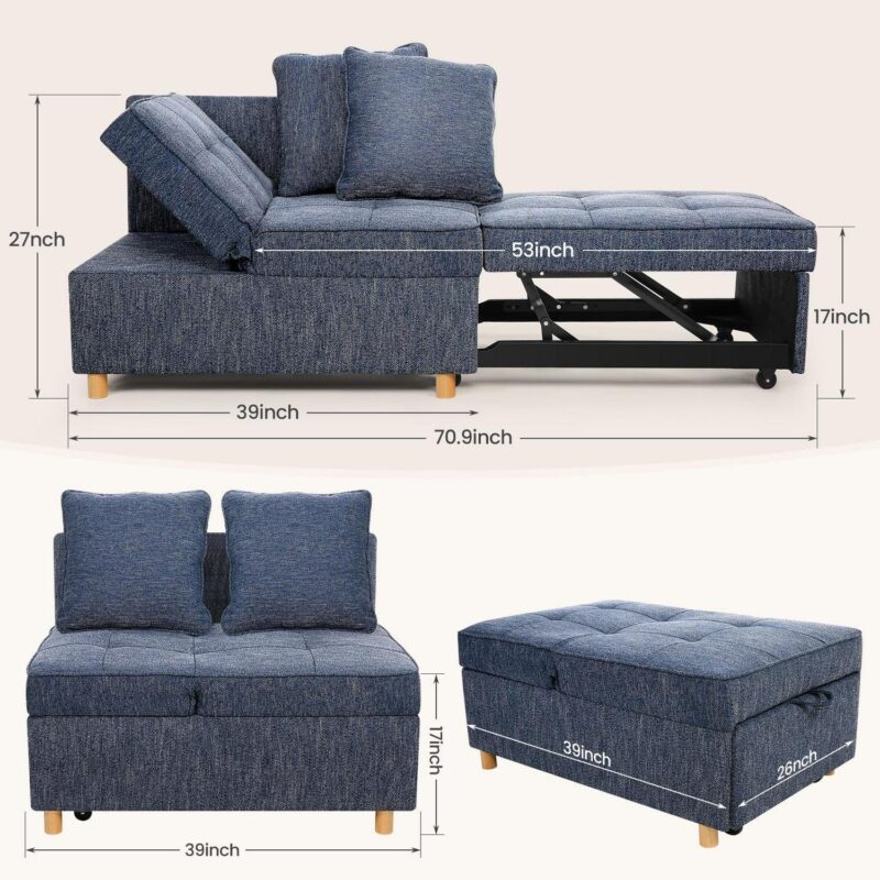 Funcid 4-in-1 Convertible Chair Bed, Linen Sleeper Chair for Small Space, Futon Sofa Bed with 2 Throw Pillows for Living Room, Single Recliner with 5 Adjustable Backrest for Bedroom Apartment, Blue - Image 7