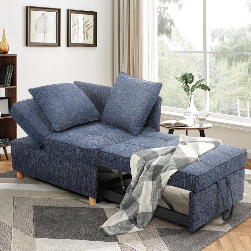 Funcid 4-in-1 Convertible Chair Bed, Linen Sleeper Chair for Small Space, Futon Sofa Bed with 2 Throw Pillows for Living Room, Single Recliner with 5 Adjustable Backrest for Bedroom Apartment, Blue