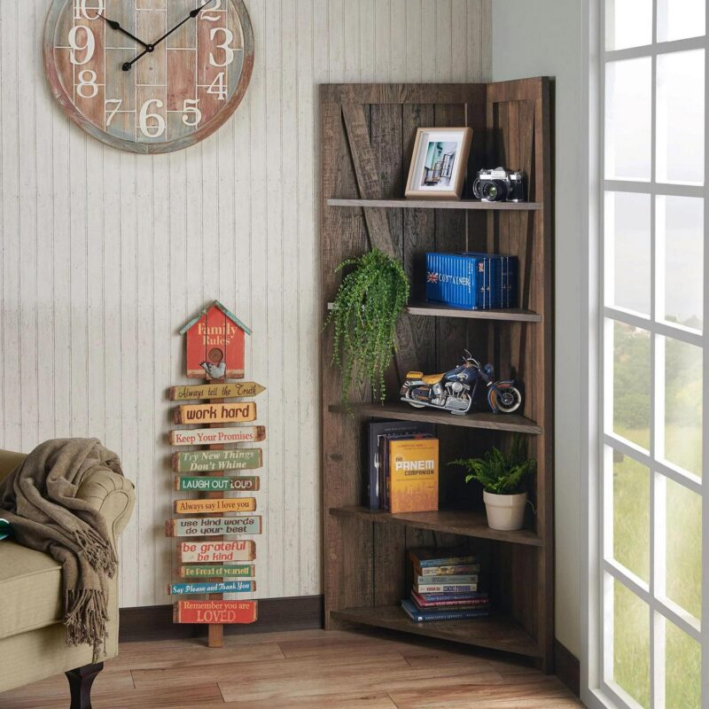 Furniture of America Helsa 5-Shelf Corner Bookcase, Oak