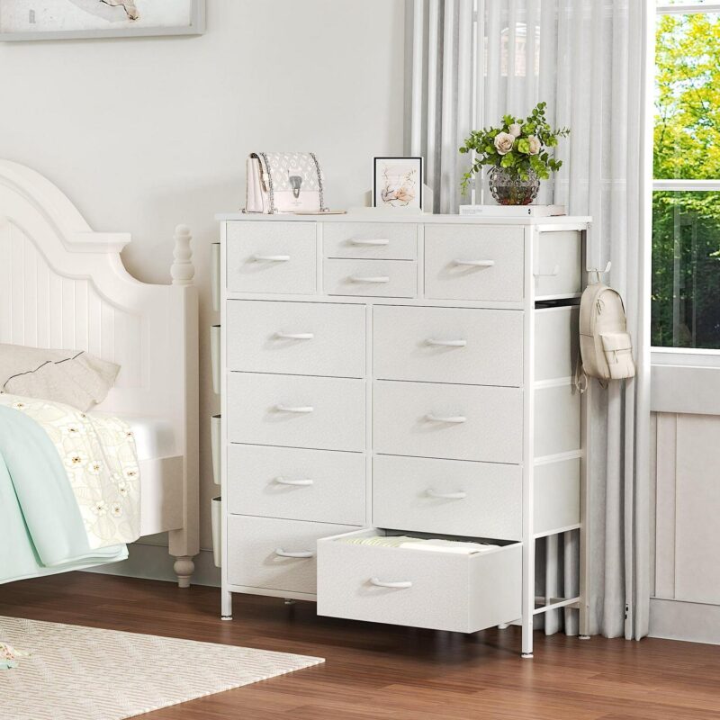 GIKPAL 12 Drawer Dresser, White Dresser Chest of Drawers Dressers for Bedroom PU&Fabric Dresser with Side Pockets and Hooks, White - Image 6