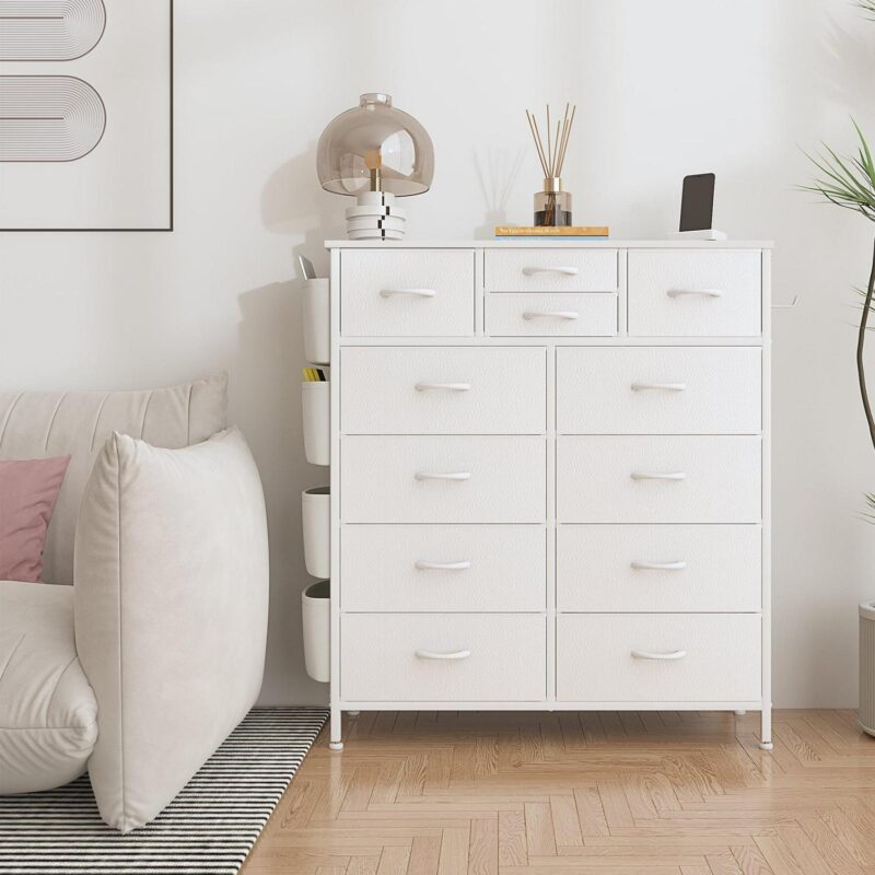 GIKPAL 12 Drawer Dresser, White Dresser Chest of Drawers Dressers for Bedroom PU&Fabric Dresser with Side Pockets and Hooks, White - Image 8
