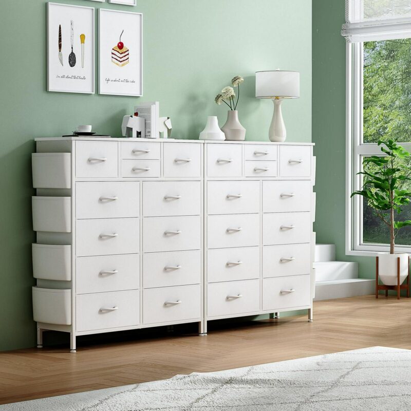 GIKPAL 12 Drawer Dresser, White Dresser Chest of Drawers Dressers for Bedroom PU&Fabric Dresser with Side Pockets and Hooks, White - Image 4