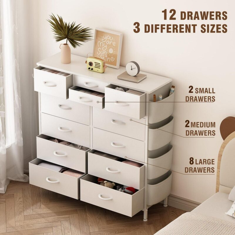 GIKPAL 12 Drawer Dresser, White Dresser Chest of Drawers Dressers for Bedroom PU&Fabric Dresser with Side Pockets and Hooks, White - Image 7