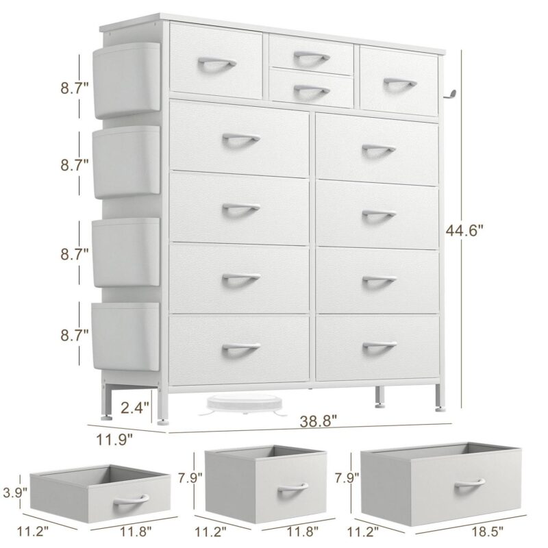 GIKPAL 12 Drawer Dresser, White Dresser Chest of Drawers Dressers for Bedroom PU&Fabric Dresser with Side Pockets and Hooks, White - Image 5