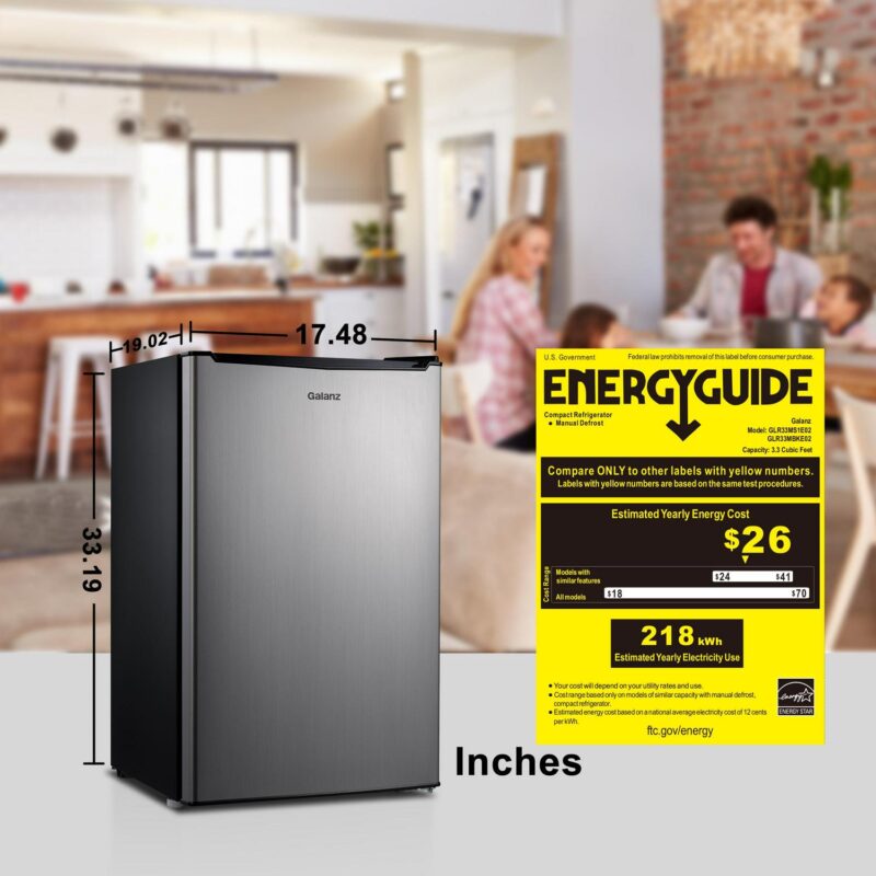 Galanz 3.3 Cu ft One Door Mini Fridge, Estar, Stainless Steel Look, New - Image 8