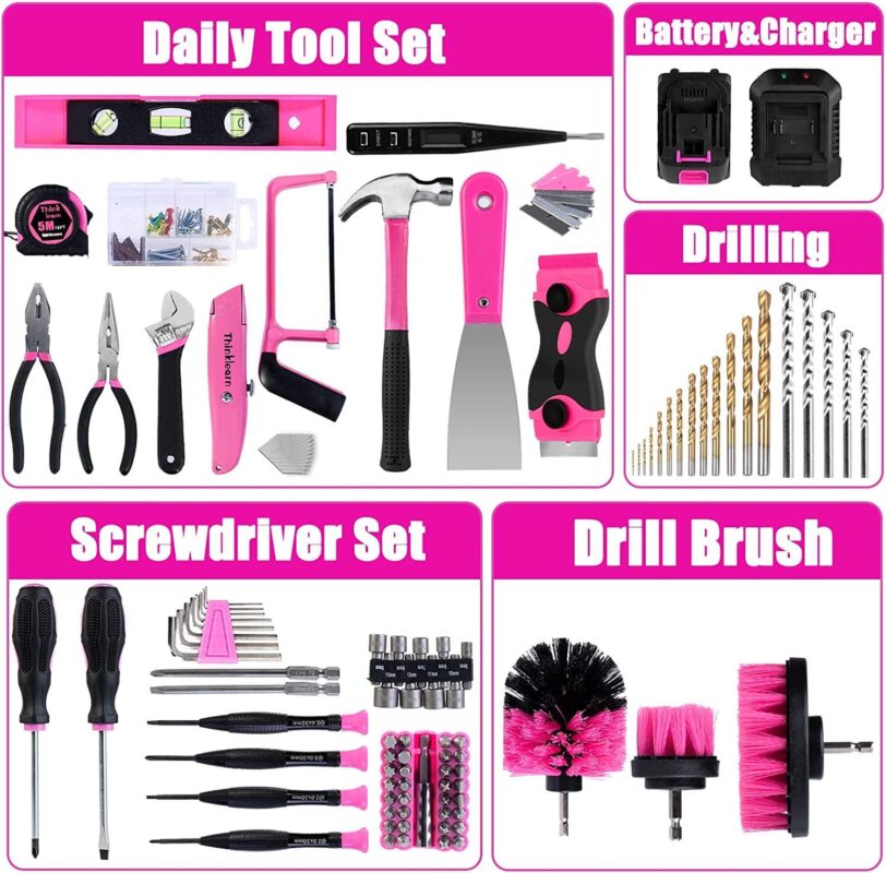 Generic Pink Tool Kit with 20V Cordless Drill(265in-lbs), Pink Drill Set for Women,Lady's Home Tool Kit for DIY - Image 8