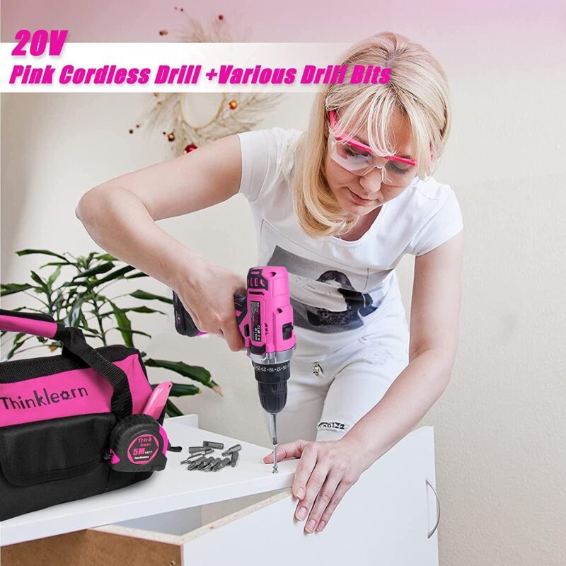 Generic Pink Tool Kit with 20V Cordless Drill(265in-lbs), Pink Drill Set for Women,Lady's Home Tool Kit for DIY - Image 7