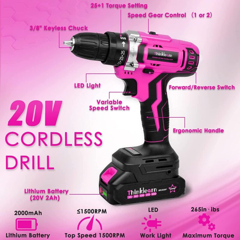 Generic Pink Tool Kit with 20V Cordless Drill(265in-lbs), Pink Drill Set for Women,Lady's Home Tool Kit for DIY - Image 4