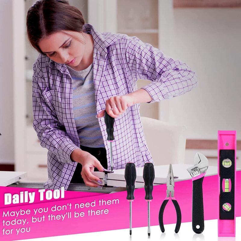 Generic Pink Tool Kit with 20V Cordless Drill(265in-lbs), Pink Drill Set for Women,Lady's Home Tool Kit for DIY - Image 3