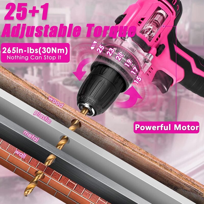 Generic Pink Tool Kit with 20V Cordless Drill(265in-lbs), Pink Drill Set for Women,Lady's Home Tool Kit for DIY - Image 5