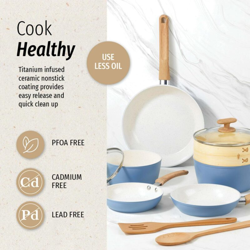 GoodCook 10-Piece Healthy Ceramic Titanium-Infused Cookware Set, Light Blue - Image 6