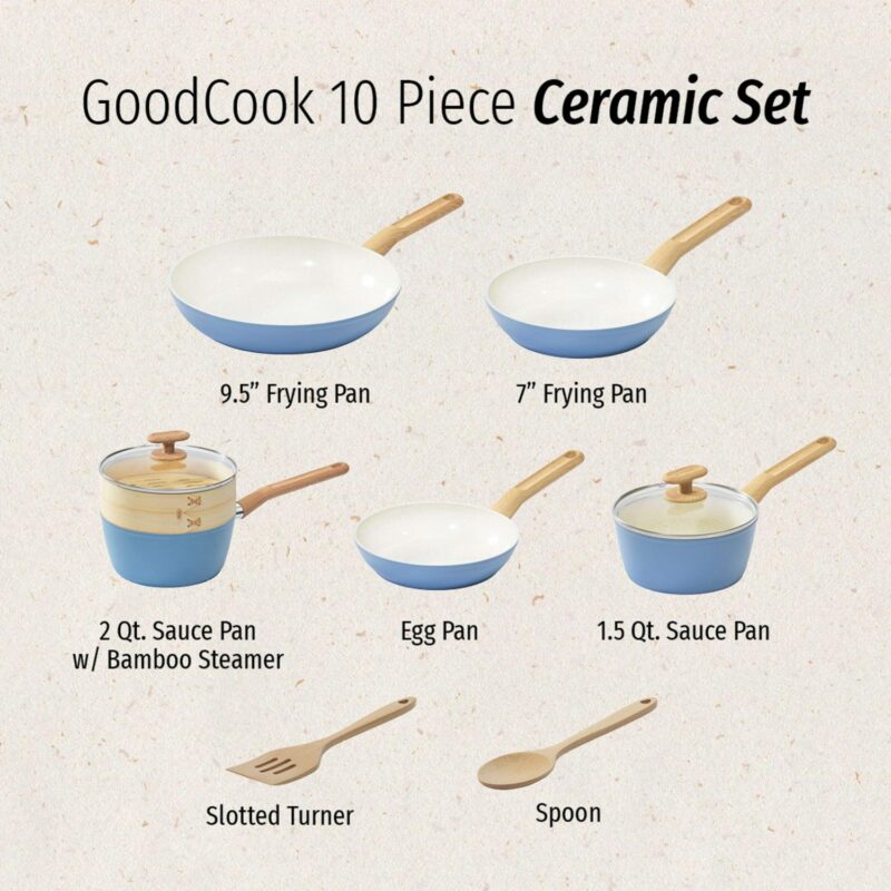 GoodCook 10-Piece Healthy Ceramic Titanium-Infused Cookware Set, Light Blue - Image 5