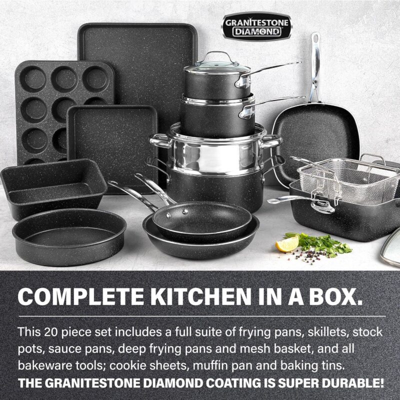 Granitestone Nonstick Pots and Pans 20 Piece Kitchen Cookware Bakeware Set Cooking Frying Skillet Sauce Pan Black - Image 8