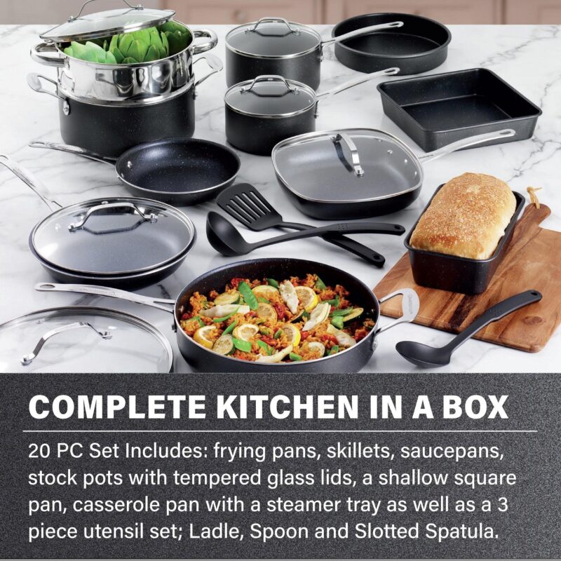 Granitestone Nonstick Pots and Pans 20 Pcs Set Kitchen Cookware Set Bakeware Cooking Frying Skillet Sauce Pan Black - Image 2
