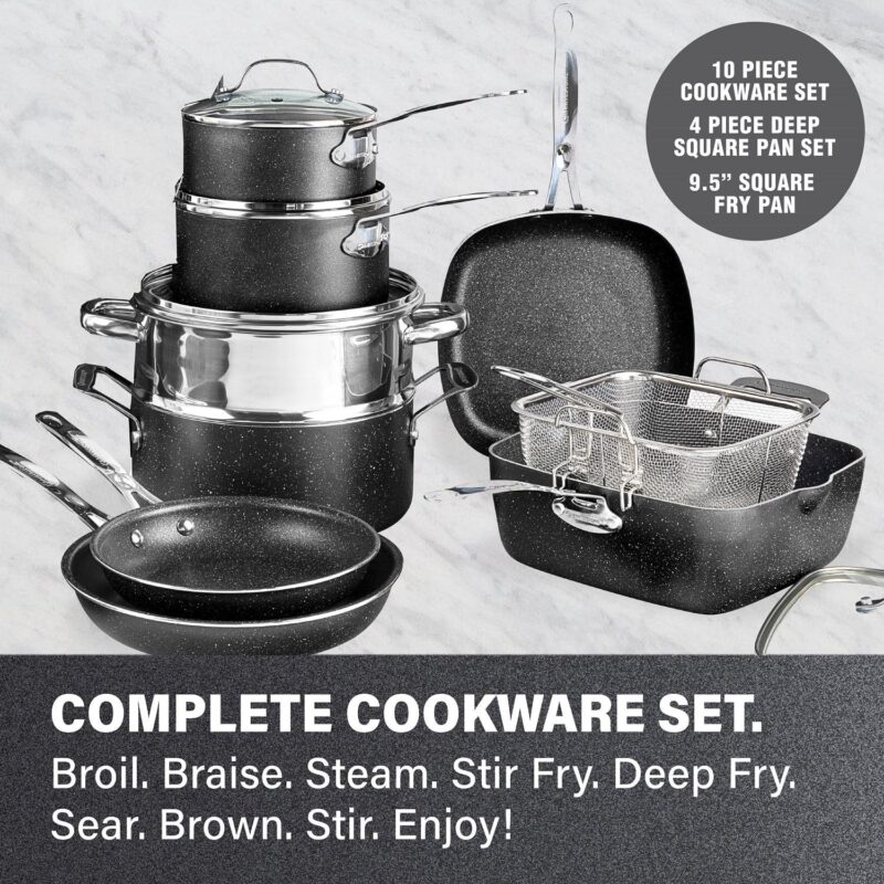 Granitestone Nonstick Pots and Pans 20 Piece Kitchen Cookware Bakeware Set Cooking Frying Skillet Sauce Pan Black - Image 2