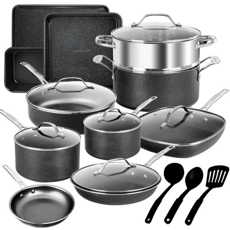 Granitestone Nonstick Pots and Pans 20 Pcs Set Kitchen Cookware Set Bakeware Cooking Frying Skillet Sauce Pan Black