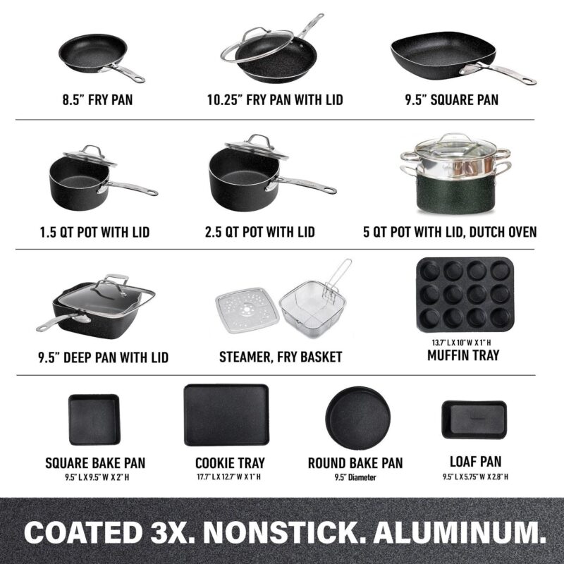 Granitestone Nonstick Pots and Pans 20 Piece Kitchen Cookware Bakeware Set Cooking Frying Skillet Sauce Pan Black - Image 9