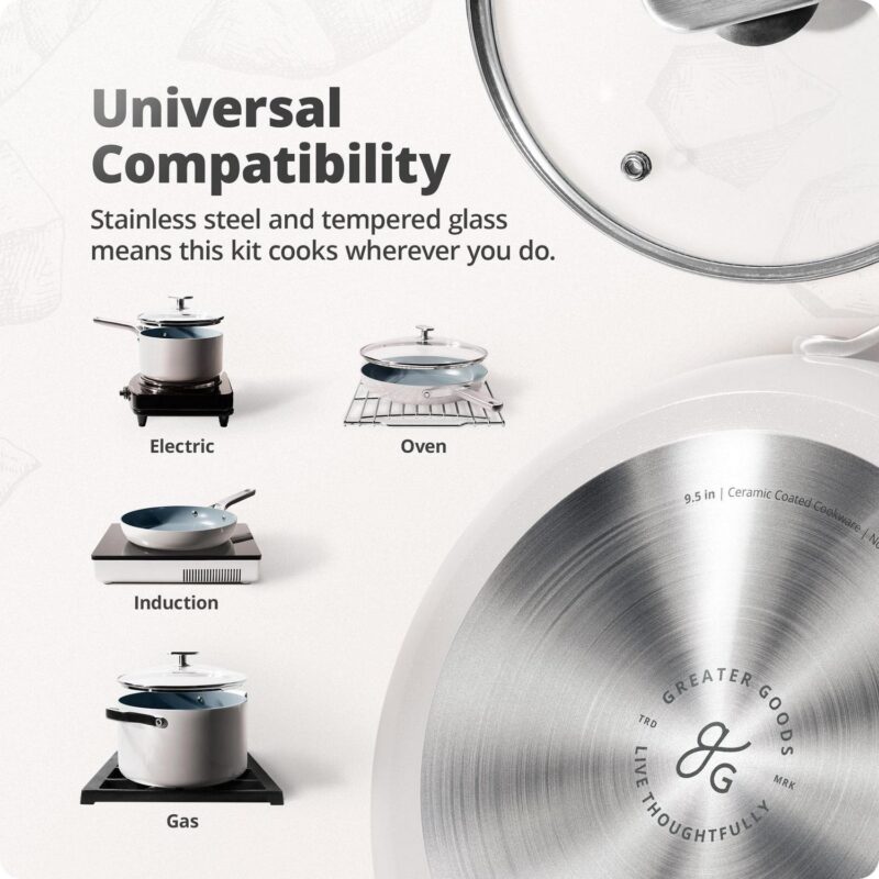 Greater Goods Savvy Ceramic Nonstick Cookware Set, 10 Piece Kit (Birch White) - Image 4