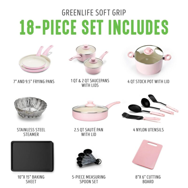 GreenLife 18-Piece Soft Grip Toxin-Free Healthy Ceramic Non-Stick Cookware Set, Pink, Dishwasher Safe - Image 5