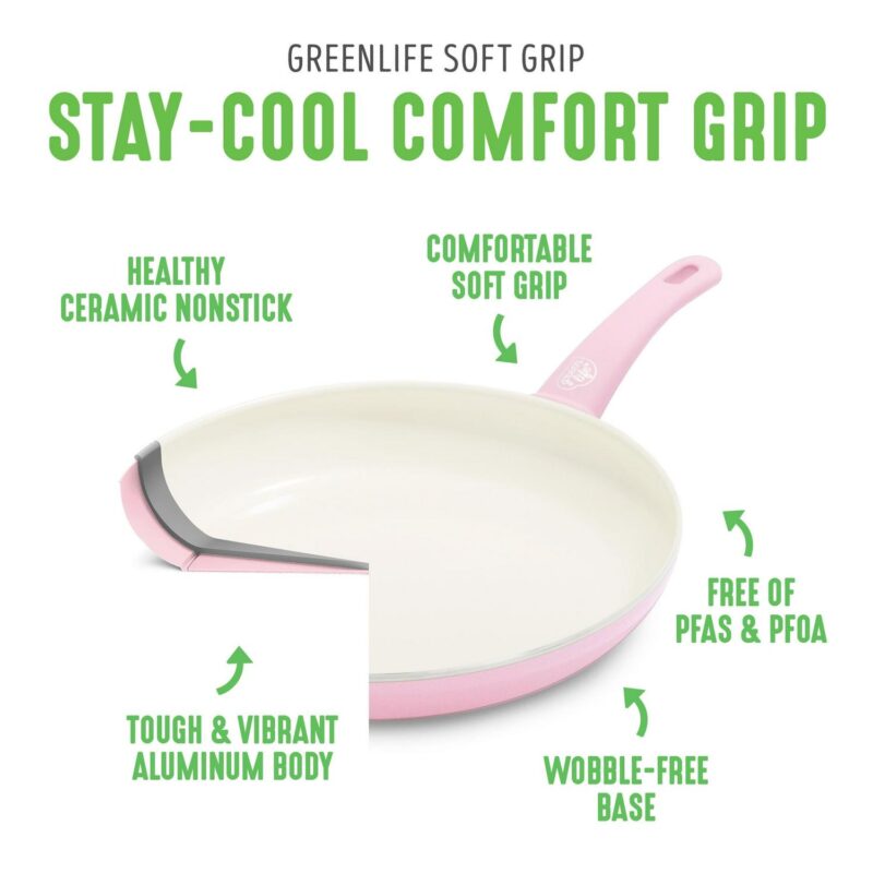 GreenLife 18-Piece Soft Grip Toxin-Free Healthy Ceramic Non-Stick Cookware Set, Pink, Dishwasher Safe - Image 4