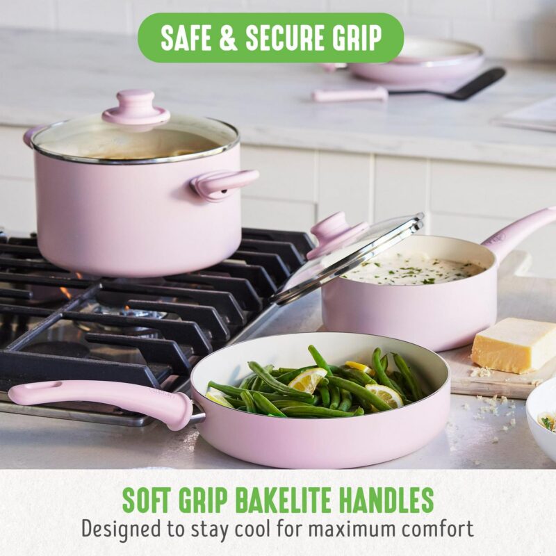 GreenLife 18-Piece Soft Grip Toxin-Free Healthy Ceramic Non-Stick Cookware Set, Pink, Dishwasher Safe - Image 7