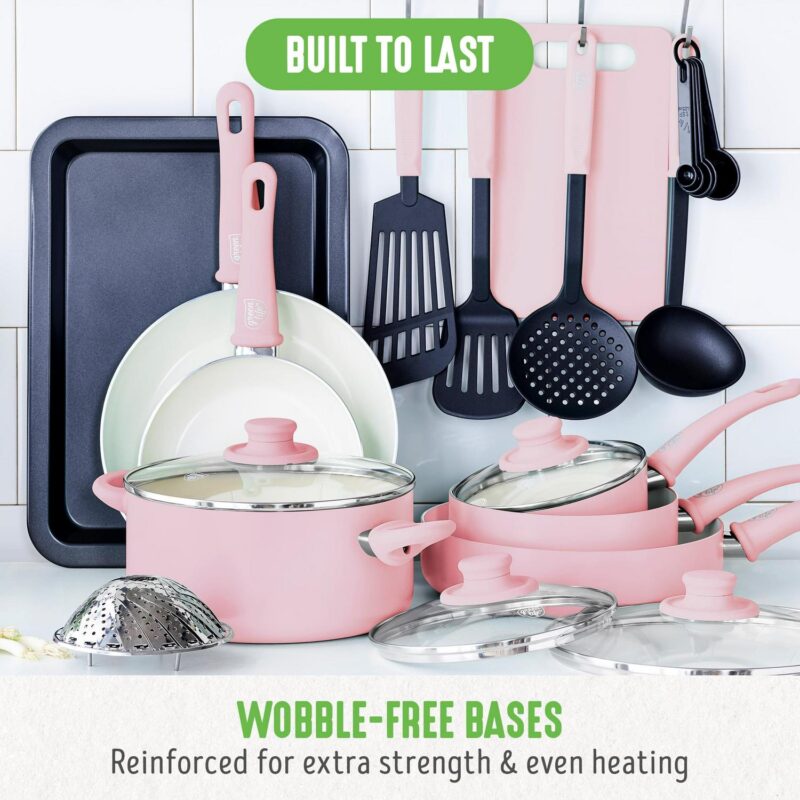 GreenLife 18-Piece Soft Grip Toxin-Free Healthy Ceramic Non-Stick Cookware Set, Pink, Dishwasher Safe - Image 6