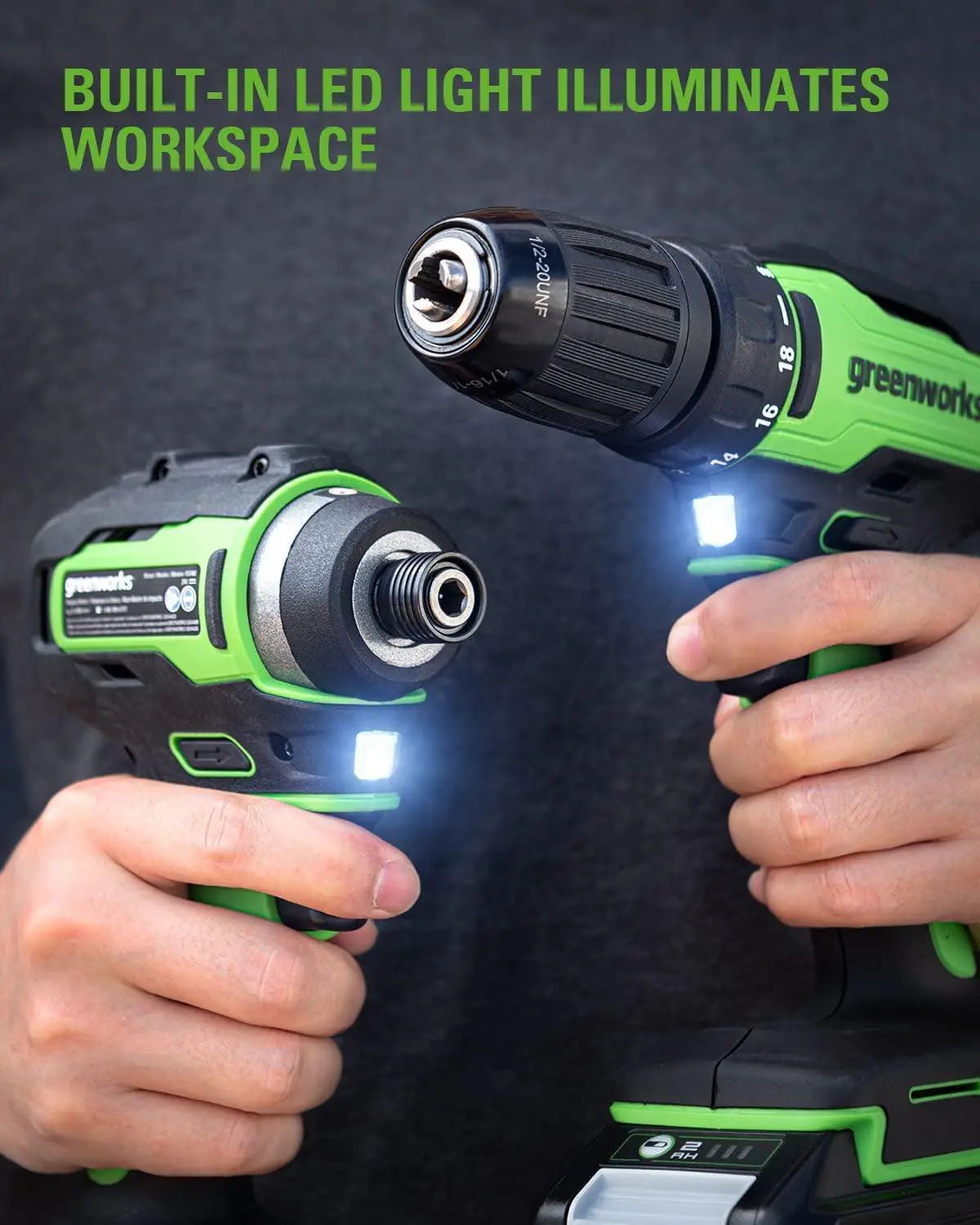 Greenworks 24V Brushless 1/2  Drill + 1/4  Impact Driver Combo Kit with (2) Batteries and Charger - Image 7
