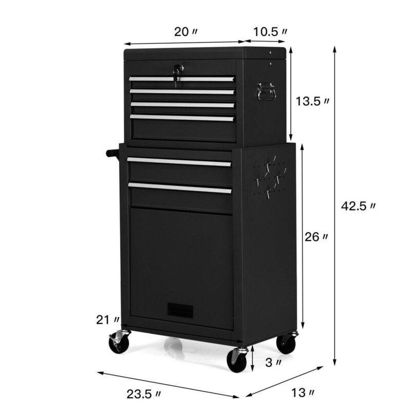 Gymax 2 in 1 Black Rolling Cabinet Storage Chest Box Garage Toolbox Organizer w/ 6 Drawers - Image 2