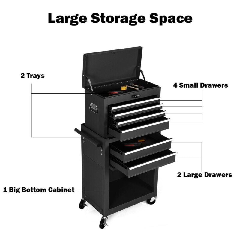 Gymax 2 in 1 Black Rolling Cabinet Storage Chest Box Garage Toolbox Organizer w/ 6 Drawers - Image 6