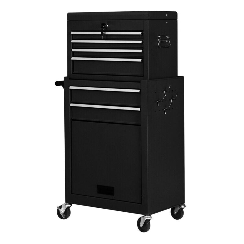 Gymax 2 in 1 Black Rolling Cabinet Storage Chest Box Garage Toolbox Organizer w/ 6 Drawers - Image 10