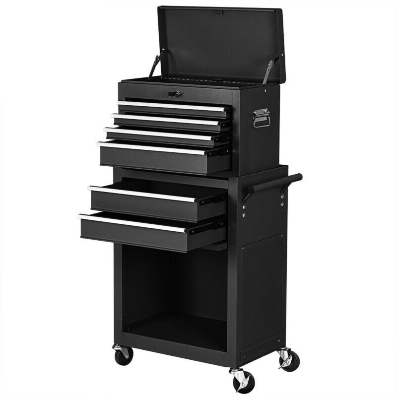 Gymax 2 in 1 Black Rolling Cabinet Storage Chest Box Garage Toolbox Organizer w/ 6 Drawers - Image 9